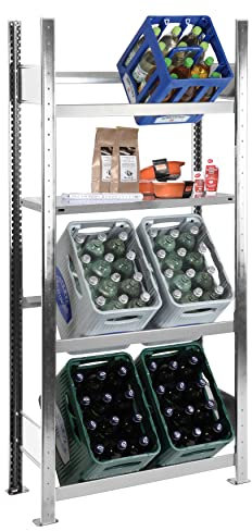 Getränkekistenregal 180 x 81 x 33,6 cm, für 6 Kästen, 3 Ebenen + 1 Regalboden, 150 kg Tragkraft je Ebene/je Boden, verzinkte Ausführung, Industriequalität Made in Germany, Kastenständer