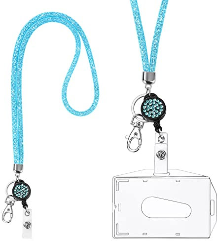 Vicloon Crystal Lanyard Halskette, Kristall Lanyard Halskette mit Transparent Ausweishalter, Schlüsselanhänger Band, ID Card Holder Abzeichen Kit für Schlüsselanhänger und ID-Hellblau