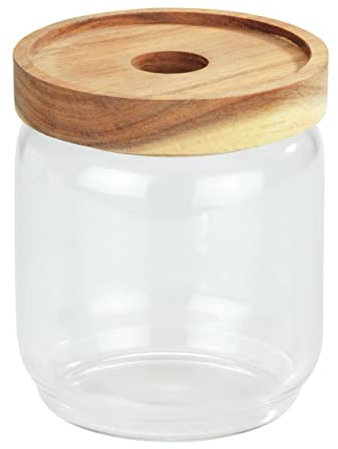 WENKO Aufbewahrungsdose Mod. Vido, 450 ml, transparente Vorratsdose aus Glas mit einem luftdicht verschließbaren Deckel aus Akazienholz, FSC® Zertifiziert, platzsparend stapelbar, Ø 9 x 10,5 cm
