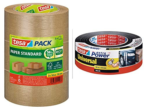 tesapack Papier Standard - Umweltschonendes Paketband aus Papier, Braun - 3x 50 m x 50 mm & extra Power Universal Gewebeband - Gewebeverstärktes Ductape zum Reparieren, Schwarz - 50 m x 50 mm