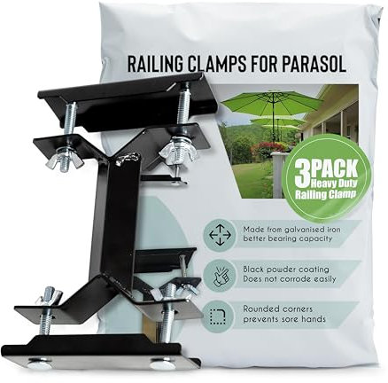 AGUSTU Balcony Parasol Holder Clamps (3-Pack) Heavy Duty Brackets Clamping Mount for Sun Umbrella, Bird Feeders, String Lights, Flag Poles to Deck Railing - Garden Accessory Attachments