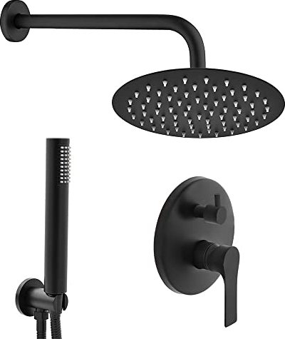 Set Doccia Completo Nero Opaco, Sistema Incasso compreso di Miscelatore con deviatore, soffione e Kit doccetta (Diametro 30 cm, Tondo)
