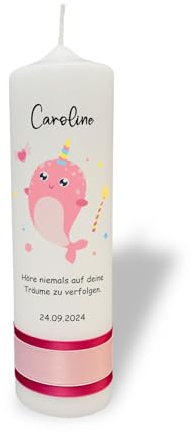 Taufkerze rosa Narwal (Wal mit Einhorn)