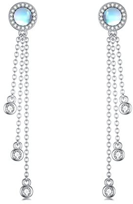 Mondstein Lange Ohrringe Hängend 925 Sterling Silber Lange Ohrhänger Mondstein Baumelnde Ohrringe Lange Quaste Ohrringe Mondstein Schmuck für Frauen Damen Mädchen