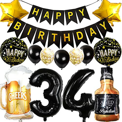 Ouceanwin Décoration 34 Ans Anniversaire - Ballons, Bouteille de Vin, Bière, Whisky - Pour Hommes et Femmes - Hélium
