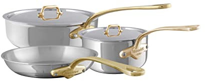 Mauviel M'Cook Batterie de Cuisine 5 Plis Inox Poli Manche Bronze 5 Pièces Fabrication Française