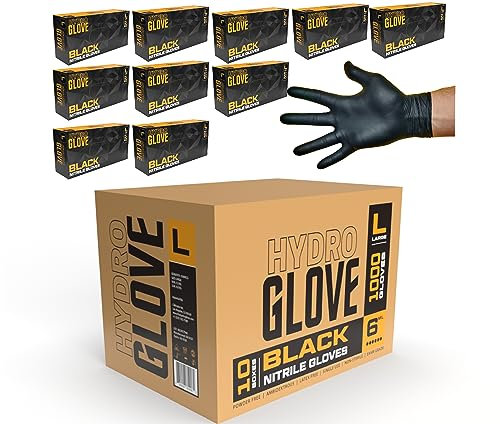 HydroGlove | 5-6 MIL Black NITRILE Gloves | Case of 1000 | Thick & Durable,Powder Free, Latex-Free (LARGE)