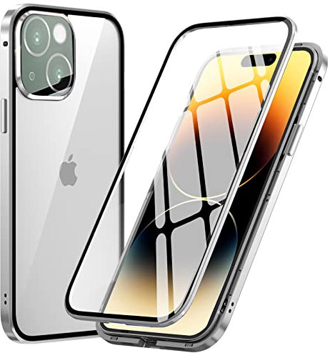 MIMGOAL for iPhone 14 Plus Magnetic Case 360 Degree Full Body Cover, Front and Back Tempered Glass Transparent Cover, Shockproof Protective Metal Bumper [Built-in Camera Protector], Silver
