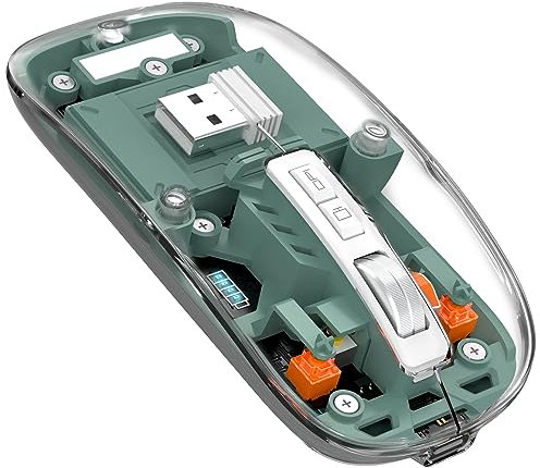 MAGIC-REFINER Mouse Wireless Ricaricabile, 2.4Ghz e Bluetooth 5.0 Silenzioso Mouse Senza Fili Ottico Ultra Sottile 2400 DPI, Mouse Gaming Trasparente, Batteria Visibile, per Laptop/PC/Mac, Verde