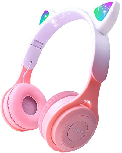 Joso Kids Headphones, 2 in 1 Wired/Wireless Headsets with Microphone for girls and boys, Cat Ear Headphones Foldable with Limited Volume for Childrens Aged 5+ (Pink)