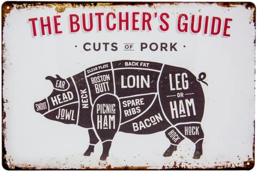 30 x 20 cm - Retro Blechschild für Grill und Koch Fans - The Butchers Guide - Cuts of Pork - Metzger, Fleischer BBQ Übersicht