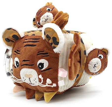 LES DÉGLINGOS - Aktivitätswürfel aus Stoff Speculos Der Tiger – Spielzeug mit Ton und Touchscreen für Babys – Entwicklungsspielzeug – Geschenk zur Geburt – 12 cm – Ocker