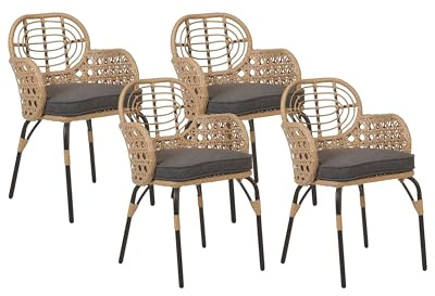 Beliani Gartenstuhl 4er Set Rattan natürlich beige mit Armlehnen Auflage grau Pratello