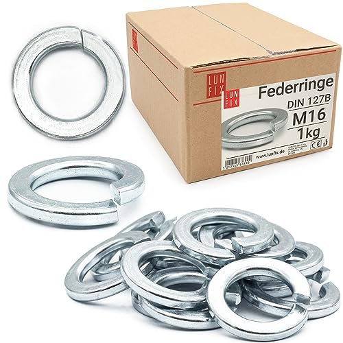 Lun Fix Federringe M16 DIN 127 1 Kg (ca 115 stk.) verzinkter Stahl Spiralförmige Federring form B, Federscheiben für Schrauben Gewindestange, Federsicherungsscheiben mit rechteckigem querschnitt