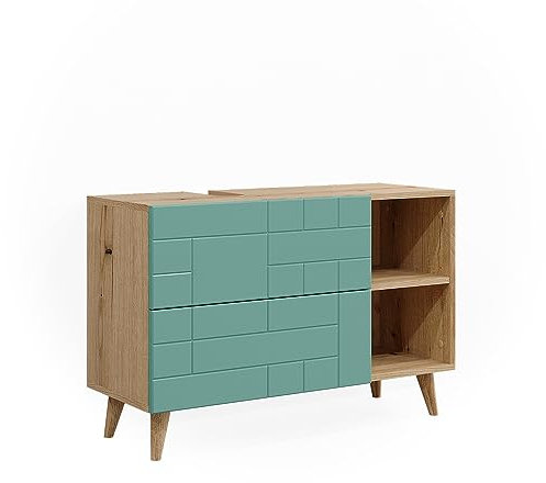 Vicco Mueble bajo Lavabo RUDI, Verde Menta/Roble, 90 x 59 cm con 2 cajones