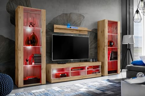 Komodee Wohnwand Wohnzimmerset Tivoli Grande, Wotan/Wotan, Breite 250cm x Höhe 159cm x Tiefe 35cm, LED RGB, für Wohnzimmer, Schlafzimmer
