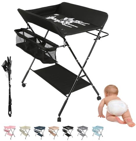 MUL-BOUTIQUE Wickeltisch, faltbar, abnehmbarer Wickeltisch mit Ösen und Aufbewahrungskorb, tragbar, höhenverstellbar, für Babys (Schwarz, 80 x 66 x 98 cm)