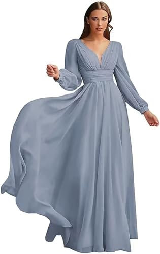 HYEC7 Long Sleeve Chiffon Bridesmaid Dresses Empire Waist V-Neck Formal Dresses A-Line Pleated Evening Gowns with Pockets Dusty Blue