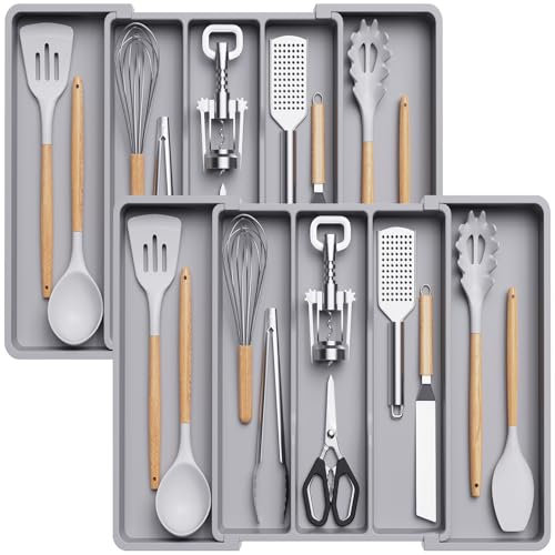 Lifewit Range Couverts pour Tiroir, Grand Plateau de Couverts Extensible pour la Cuisine, Support Réglable pour l'Argenterie et les Couverts, pour Outils et Gadgets, Paquet de 2, Gris