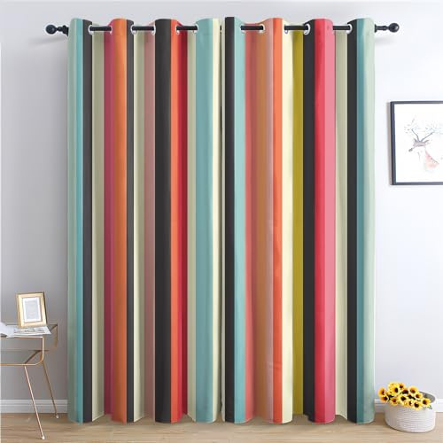 THYUNQ Vorhänge Bunte Gestreift Motiv, Vorhang Blickdicht Verdunklungsvorhänge Thermovorhang mit Ösen, Gardinen Wohnzimmer Schlafzimmer Fenster, 2er Set Curtains, H 137 x B 117 cm