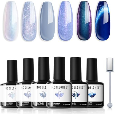 Modelones Gel Nail Polish Set, 6 Colors Blue Glitter Gel Polish Galaxy Dark Blue 9D Cat Eye Gel Nail Polish with magnet White Shimmer Pearl Nail Gel Polish Set Soak Off Nail Art Gel DIY Salon