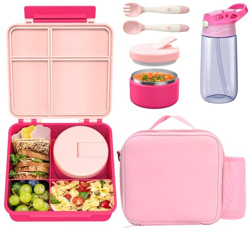 Kids Bento Lunch Box with 4 Compartments, Insulated lunch Bag, Water Bottle, Stainless Steel Food Jar, Birthday Gifts for Ages 3-12 Back to School Toddler Girls Boys