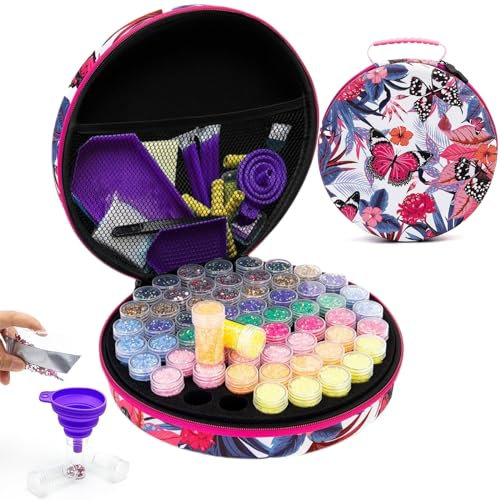 CXINLky 5D Diamond Painting Zubehör Boxen, Tragbare Diamond Painting Aufbewahrungsbox mit 60 Stück Dosen Koffer Trichter Stickers, Diamand Malerei Zubehör Organizer-Rosa