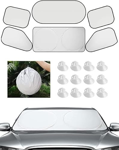 6 Piezas Parasol de Ventana Delantera,Trastera y Laterales de Coche,Parasol de Coche 6 Unidades Plegable Fácil instalación Mayoría de Coches y Suvs mas una Cubierta para Volante de Coche Universal.