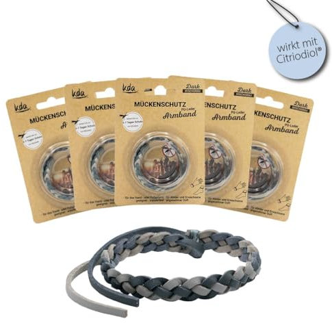 kda Stilvolle PU-Leder Mückenschutzarmbänder Mückenschutzarmband im Sparset - Klassik und Dark Edition Design - Größenverstellbar Camping Urlaub Mückenschutz Outdoor Mücken (Mischgrau 5er Set)