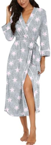 PrinStory Bademäntel Damen Leichter Kimono Roben 3/4 Ärmeln Damen Morgenmäntel Lange Nachtwäsche Lässig Loungewear Saunamantel (Rosa Stern, XXL)