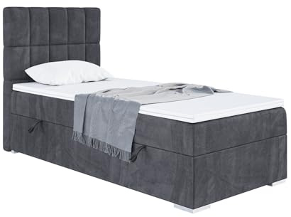 MEBLINI Boxspringbett mit Bettkasten - Gepolstert Einzelbett mit Matratze und Topper - Polsterbett mit Stauraum - Bett mit Kopfteil - Stauraumbett - Lukas - 80x200 Links - H3/Dunkelgrau Samt