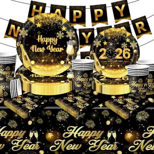 Antsparty 2026 Silvester Partygeschirr für 20 Gäste, 82 Stück Neujahr Partygeschirr mit Silvester Pappteller Pappbecher Servietten Tischdecke Banner, Happy New Year 2026 Party Deko Supply