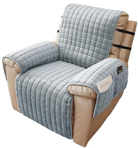 Alishomtll Sesselschoner für Relaxsessel Relaxsofa, 1 Sitzer Fernsehsessel Armlehne Sesselauflage, Anti-Rutsch Kratzfest Sesselüberzug mit 4 Taschen und 2 Verstellbaren Riemen, 53x190cm, Hellgrau