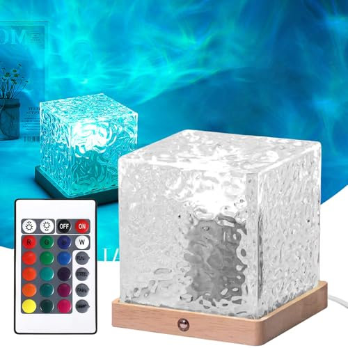 BORDEAG LED-Wasserwellenlampe: Mit Holzbasis, 16 RGB-Farben, Fernbedienung & Touch-Bedienung, Ideal Für Schlafzimmer, Wohnzimmer Und Partys (13x13 cm, Farbwechsel)