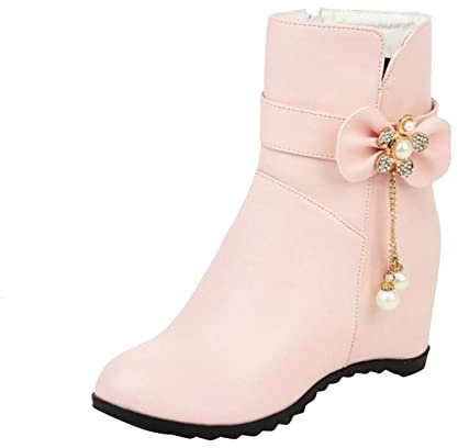 Stivali da donna in pelle tinta unita con fiocco e zeppa all'interno alti stivali corti in pelle da donna, Rosso, 39.5 EU