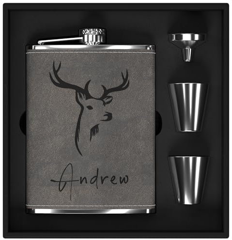 Flachmann Set mit Gravur der Hirsch, Flachmann Edelstahl 8oz/237ml Personalisiert für Geburtstagsgeschenke, Personalisierte Geschenke für Männer Jäger Camper Wanderer (Grau)