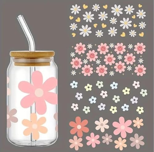 4pcs Retro Daisy Cup Wraps Winter UV DTF Transfer Waterproof Sticker for Glass Cups Furniture Craft DIY Crafts，Rub on Transfer Stickers for DIY Water Bottle Laptop Decal Wood Car