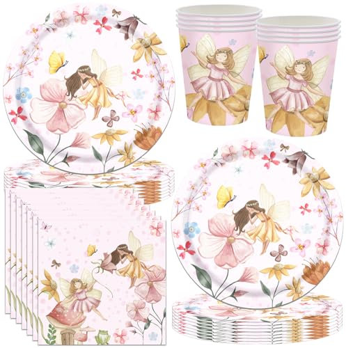 YGCHEN Fee Partygeschirr Schmetterling Party Geschirr Mädchen Geburtstag Deko Fairy Geschirr Set Feen Pappbecher Pappteller Servietten Geburtstagsparty Hochzeit Babyparty Tischdeko 16 Gäste