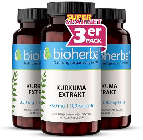 Kurkuma Kapseln – 300 Stück mit 350 mg Curcuma-Extrakt hochdosiert mit Curcumin und Zink pflanzliches Ergänzungsmittel von BIOHERBA PZN 17192096