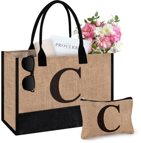 Initial Jute Tote Bag & Makeup Bag, Birthday Gifts for Women Her Mum Teacher, Suitable for Wedding, Beach, Holiday