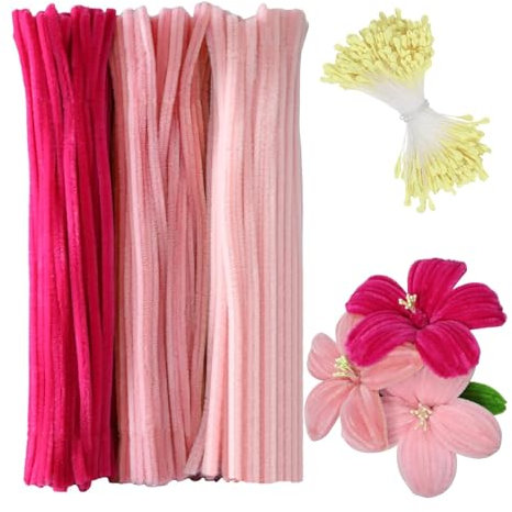 Barlone 300 Stück Pfeifenreiniger zum Basteln Blumen, Pfeifenreiniger Rosa mit 350 Gelb Staubgefäße, Pipe Cleaner Flower Set, Pfeifenputzer für Blumen, Tiere oder, DIY Bastelprojekte