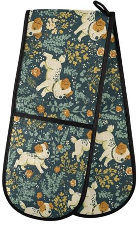 Oven Gloves Double Oven Gloves Jack Russell Meadow Pattern Heat Oven Mitts Pot Holder Heat Resistant Quilted for BBQ Baking Kitchen Cooking Gloves