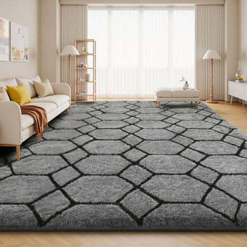 Sour Lemon Hochflor Teppich Grau Carpet Wohnzimmer 200x300 Waschbar | Anti-Rutsch Extra Große Teppiche Schlafzimmer Flauschige Moderne Teppiche Matte Teppichen für Schlafzimmer Kinderzimmer