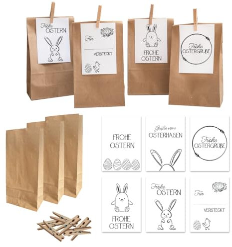 PuK Oster-Tüten Set | 6 Kraftpapier Tüten mit Klammern & liebevoll gestalteten Osterkarten | Geschenktüten für Ostern & kleine Überraschungen (Schwarz-Weiß, 12)