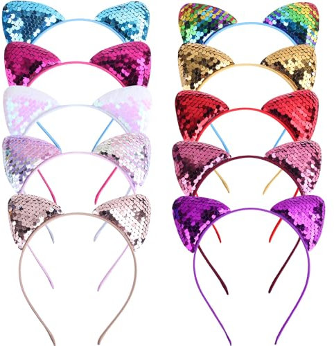10 Pièces Serre-tête Chat à Paillettes, Bandeau chat à paillettes, oreille de chat serre tete, Serre-Tête Chat, Serre-tête à Paillettes pour Femmes Filles Vie Quotidienne et Décoration de Fête