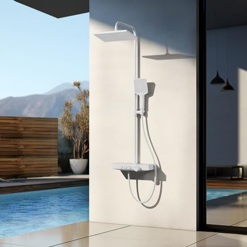 EMKE Duschsystem mit Thermostat, regendusche mit thermostat, 30x20cm Duschset, Brauseset Handbrause mit 3 Strahlstärken, Regendusche Duschsystem mit Glasablage, KTW-Zertifiziert, MattWeiß