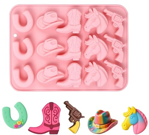 Stampi per cioccolato a forma di cappello da cowboy, stivali da cowboy e cavallo, stampo in silicone per cupcake, decorazioni per torte, silicone antiaderente per uso alimentare, durevole e flessibile