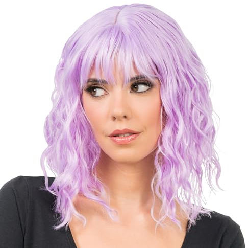 Chaks - Damen Bob Perücke mit Pony, Wellig 35 cm für Cosplay | Kurze lockige Haare aus Polyester, Karneval, Festival und Cosplay Accessoire, Damen Perücke