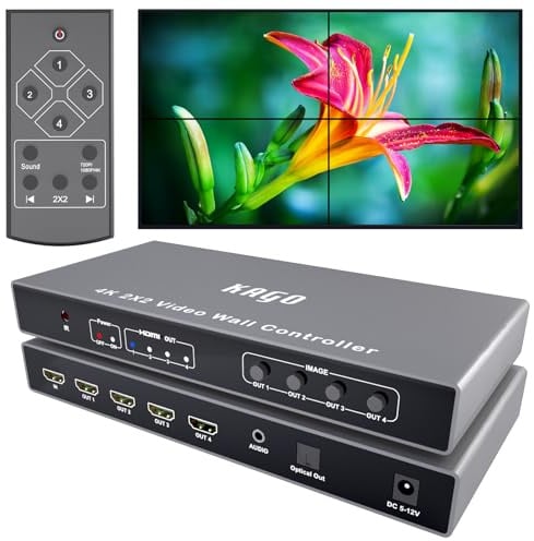 KAGO 4K 2x2 Video Wall Controller mit 5.1CH Audio Extractor | 8 Display-Spleißmodi, Ausrichtung der Lünette, 4K30Hz In / 1080P Out, IR-Fernbedienung