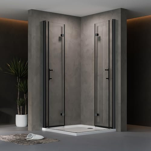 AQUENITH Duschkabine Eckeinstieg Schwarz 90x90cm Doppel Duschtür Falttür Duschwand Duschabtrennung Faltbar Eckdusche mit 6mm ESG Nano Beschichtung Sicherheitsglas,Höhe 195cm